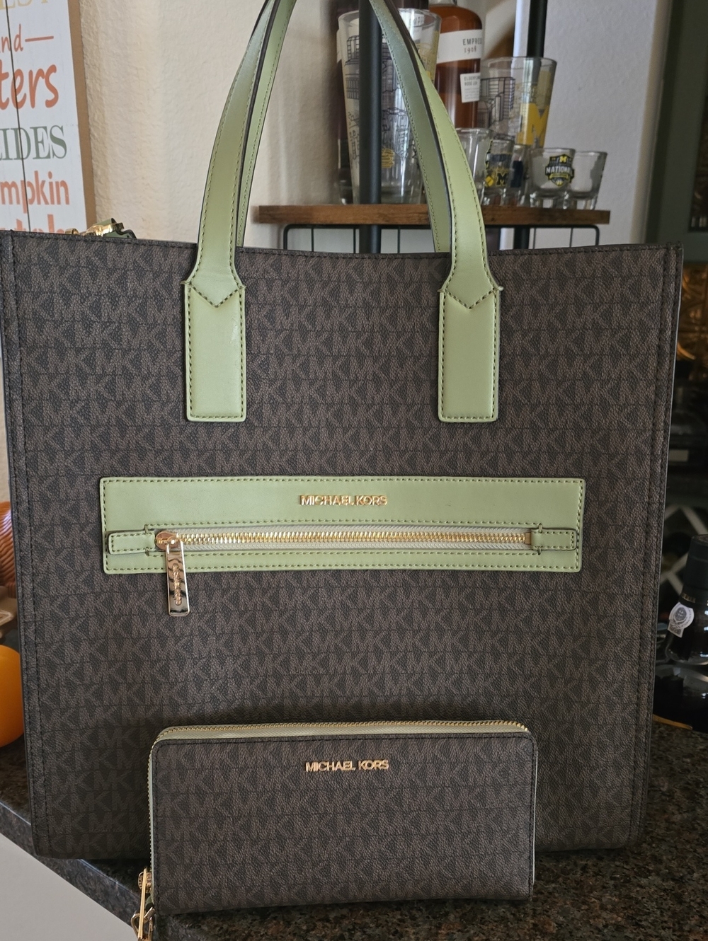 Michael Kors Brown and Light Green Tote Bag with Matching Wallet